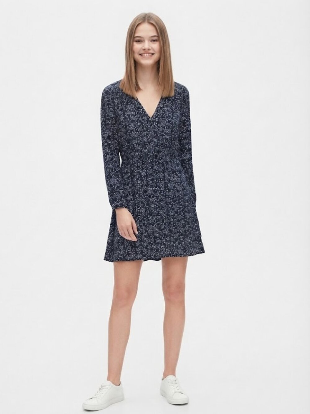 Gap Navy Ditsy Floral V-Neck Cinched Waist Long Sleeve Dress Size S